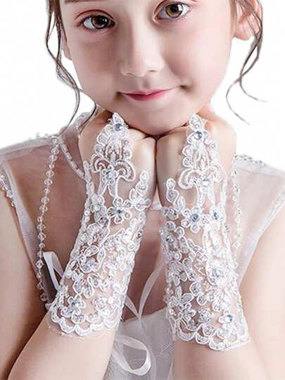 1對兒童花邊空心無指手套,繡花、亮片和珠子裝飾,適用於婚禮和表演