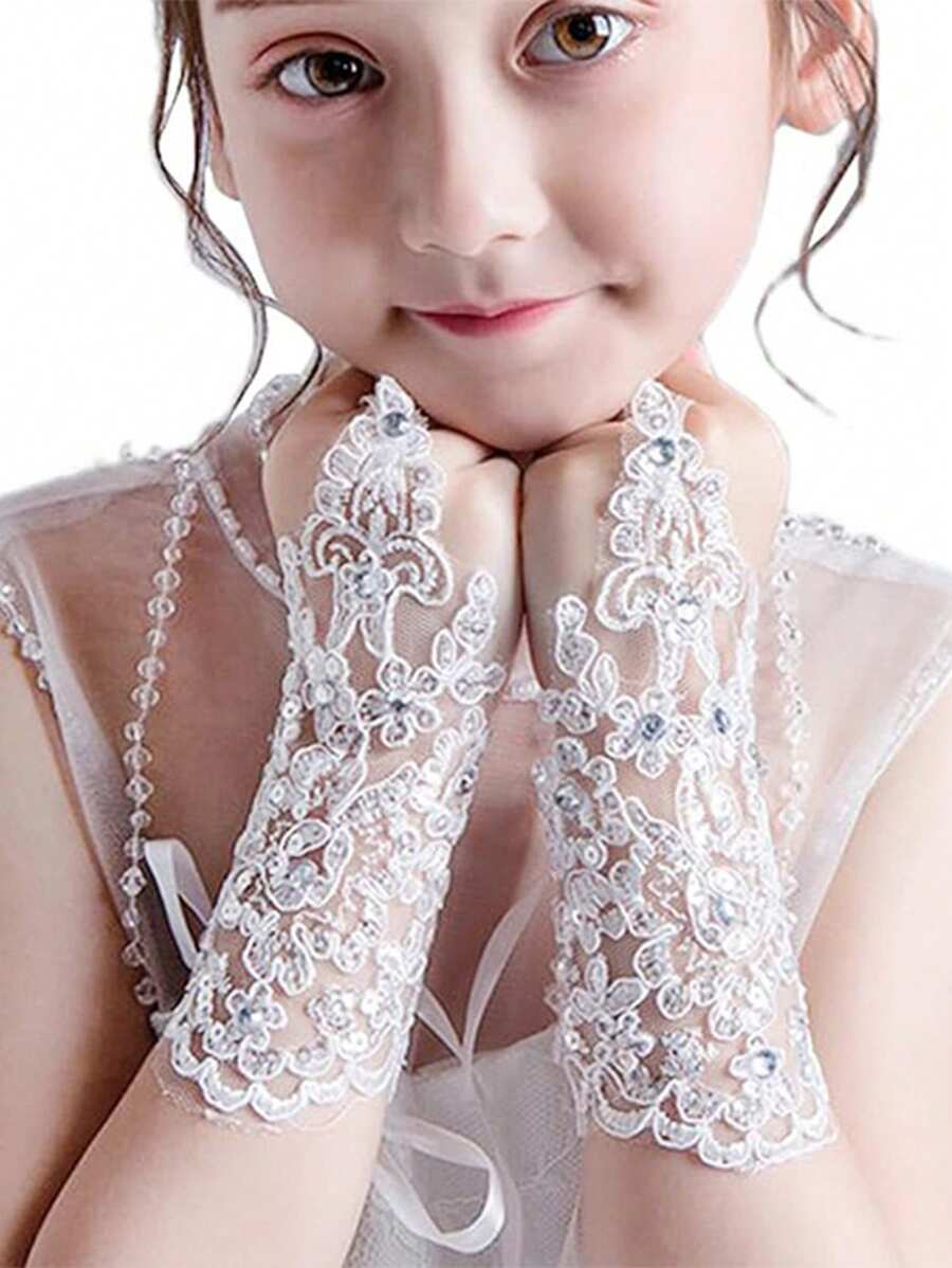 1pair Kids' Lace Hollowed-Out Fingerless Gloves With Embroidery, Sequin And Bead Decor For Wedding And Performance - White - View 1