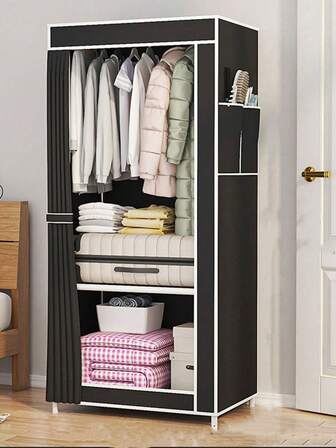 1pc Simple Bedroom Closet, Easy Assembly Cabinet For Storage In Rental House, Material: Plastic+Steel Pipe+Non-Woven Fabric