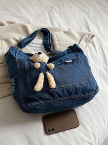 1pc (17.3in*12.6in*5.1in) Fashionable Washed Denim Large Capacity Women's Crossbody Bag, With Cute Cartoon Bear Decoration, Foldable & Washable, Convenient For Travel, Study And Work - Blue - View 8