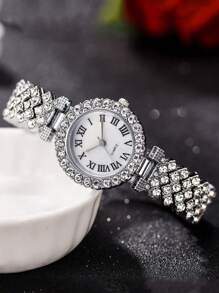 6 件套时尚优雅青少年个性化银色水钻石英手表搭配精美手链项链耳环戒指首饰套装送给朋友的礼物