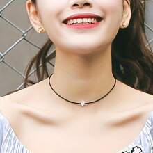 Simple Heart Design Collar Choker Necklace With Leather Rope For Women