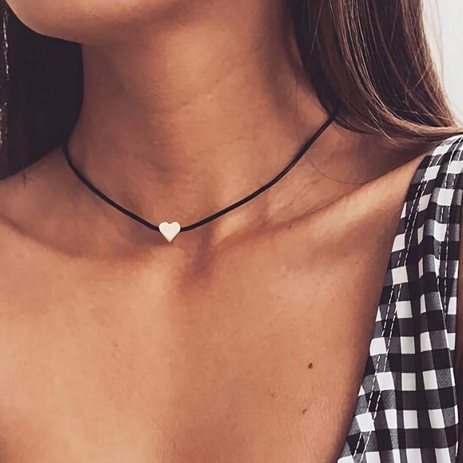 Simple Heart Design Collar Choker Necklace With Leather Rope For Women