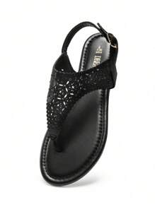 Women Rhinestone Gladiator T-Strap Thong Sandals Casual Wear Cute Flat Sandals Adjustable Buckle Beach Dress Summer Shoes - 全黑-Pu - 查看 4