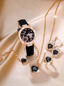 SOKI SOKI 1 Set Mother's Day Women's Watch Set, Fashionable Elegant Round Dial Quartz Watch With Heart-Shaped Pendant Necklace, Earrings, Ring And Bracelet. This Jewelry Set Is Suitable For Daily Wear, Birthday Gift, Back To School, Thanksgiving And Romantic Occasions, Best Choice (Excluding Gift Box) - Black - View 4