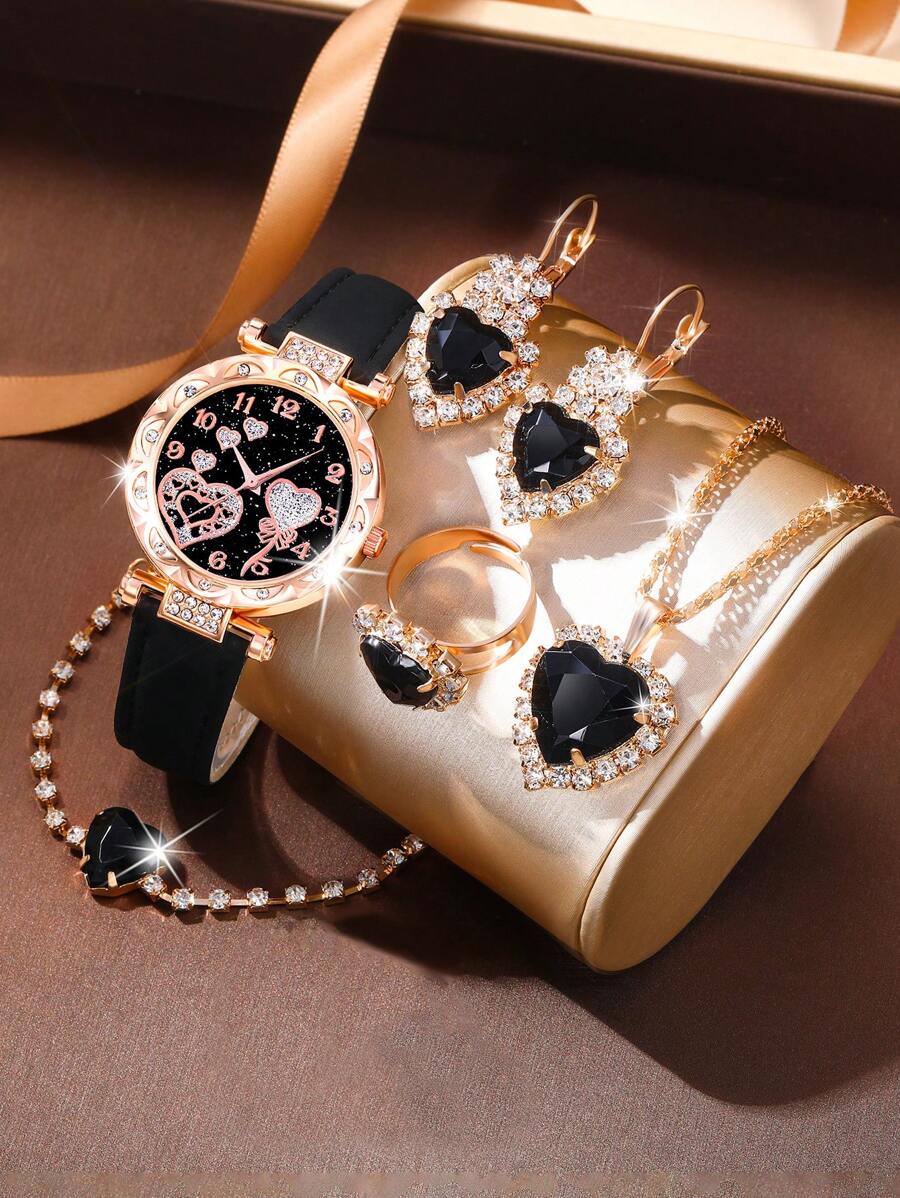 SOKI SOKI 1 Set Mother's Day Women's Watch Set, Fashionable Elegant Round Dial Quartz Watch With Heart-Shaped Pendant Necklace, Earrings, Ring And Bracelet. This Jewelry Set Is Suitable For Daily Wear, Birthday Gift, Back To School, Thanksgiving And Romantic Occasions, Best Choice (Excluding Gift Box)