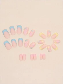 24pcs/Set Colorful & Cute Floral Design Square Medium Length False Nails, French Style For Spring, Including 1pc Jelly Glue & 1pc Nail File Press On Nails Nail Supplies