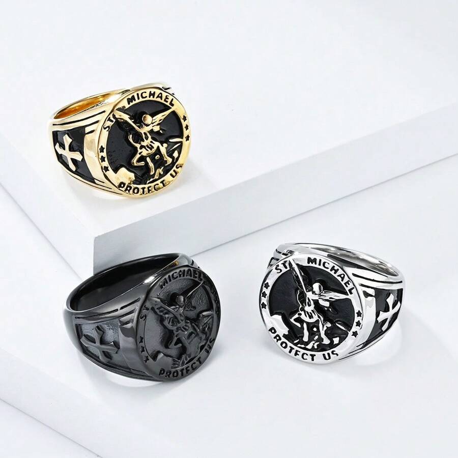 Nhẫn Tổng lãnh thiên thần Thánh Michael bằng thép không gỉ cổ điển, Nhẫn Signet cá nhân hóa dành cho nam - Vàng - Xem 1