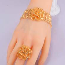 1 set/2 piezas Juego de joyería de brazalete y anillo con forma de rosa 3D chapado en oro de 18k elegante para mujer, estilo India Dubai, color dorado, adecuado como regalo de novia, dama de honor, bendición o San Valentín