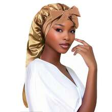 1入女士純色長筒睡眠帽美容化妝頭巾帽，伸縮彈性帶寬邊淋浴帽，特殊用途絲綢襪帽，緞帶蝴蝶結 - 卡其色 - 查看 3