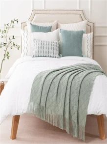 1pc Sage Green Light Weight Knitted Throw Blanket, Suitable For Sofa, Bohemian Home Decor, Couch Living Room, 50" X 60"