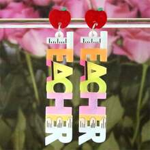 教師節耳環,個性化亞克力字母和蘋果形狀的耳針,返校下垂耳環,適用於朋友、女友、摯友的禮物 - 彩色 - 查看 3