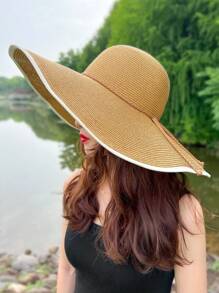 1pc Women Fashion Accessories Rope Decor Wide Brim Summer Beach Straw Hat Boho - Black - View 13