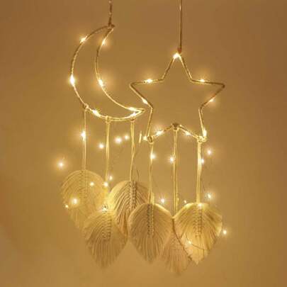 2024 Gift, Light Up, Crescent Moon And Star Tapestry With String Lights, 1 Piece LED Star Moon Tapestry Woven Dream Catcher Hand Woven Leaf Wall Decoration Room Decoration Woven Wall Mounted String Lights, Islamic Home Decor Wall Hanging Ornaments Set For Bedroom Living Room Outdoor Yard Night