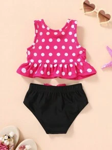 年轻女孩夏季两件套波尔卡圆点比基尼套装，分体上衣和下装，适合游泳池夏季海滩 - 彩色 - 查看 2