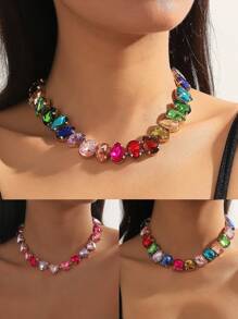 1 Peça Colar Estilo Coração com Gota de Água Multicolorida de Strass para Mulheres (Cor Aleatória), Namorados, Mãe, Dia das Mães, Presente - Multicolorido - Visão 1