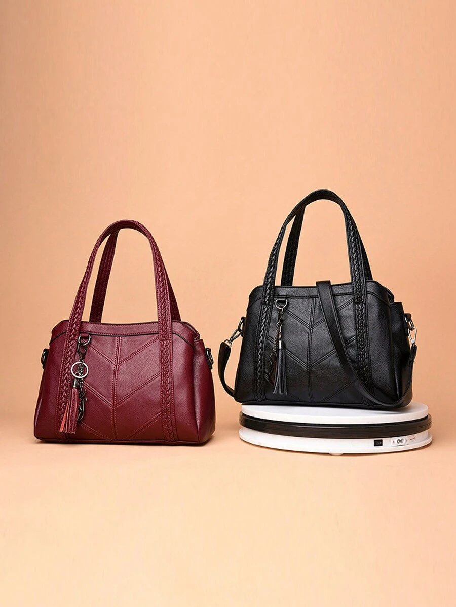 1 pièce Sac à main de luxe avec surpiqûres pour femmes, sac à bandoulière mode en PU, sac bandoulière grande capacité avec pendentif à gland, sac bandoulière couleur unie, sac à main parfait pour un usage quotidien