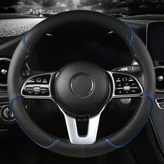 1pc PU Spliced Car Steering Wheel Cover Non-Slip Wear Resistant Suitable For All Seasons Fits 14.5-15in Diameter