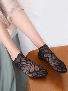 Lace Flower Short Socks With Lace Trimmed, Peony Mid-Calf Socks With Sole Valentine's Day Valentines - Black - View 7