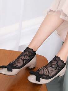 Lace Flower Short Socks With Lace Trimmed, Peony Mid-Calf Socks With Sole Valentine's Day Valentines - Black - View 6