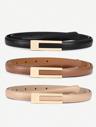 3Pcs Women's Skinny PU Leather Belt Solid Color Fashion Waist Belt With Letter Buckle For S Pants Summer, School Fall, Autumn, Halloween