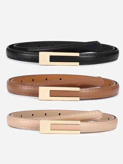 3Pcs Women's Skinny PU Leather Belt Solid Color Fashion Waist Belt With Letter Buckle For Jeans Pants Summer, School Fall, Autumn, Halloween