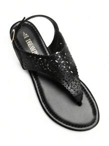 Women Rhinestone Gladiator T-Strap Thong Sandals Casual Wear Cute Flat Sandals Adjustable Buckle Beach Dress Summer Shoes - 全黑-Pu - 查看 1