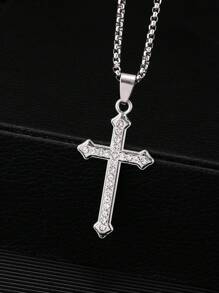 1 Stück Einfaches Cross Anhänger Halskette Mit Diamanten Besetzt, Edelstahl, Vielseitig, High-end, Halskette Für Pullover, Vollständig Mit Diamanten Besetzte Cross Halskette, Europäischen Und Amerikanischen Anhänger Für Männer Und Frauen, Täglich Zu Tragen