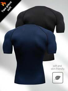 2pcs/Set Boyfriend Style Men's High Stretchy Tight-Fitting Solid Quick-Drying Short Sleeve Sports Training T-Shirts, Running Clothes