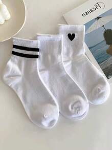 3pairs Sporty Heart Patterned Over Knee Socks - Black and White - View 2