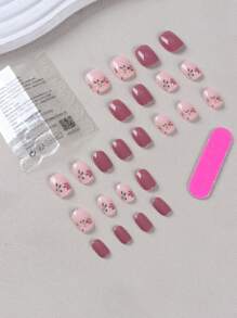 24pcs Short Square Novelty Style Floral False Nails + 1pc Jelly Glue + 1pc Nail File Press On Nails Nail Supplies - Multicolor - View 3