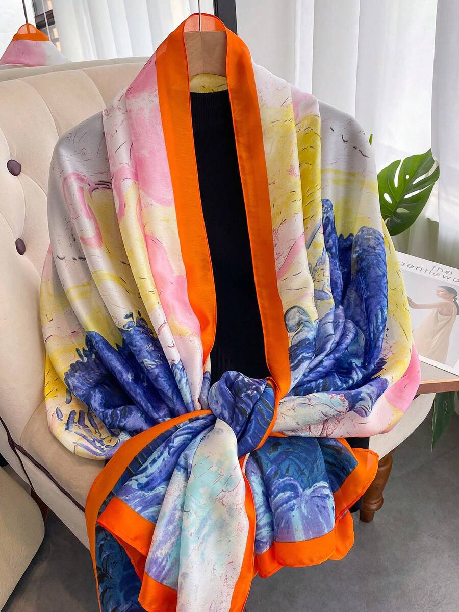 1條女士防曬和uv保護印花絲巾,日常裝飾 - 藍色 - 查看 1