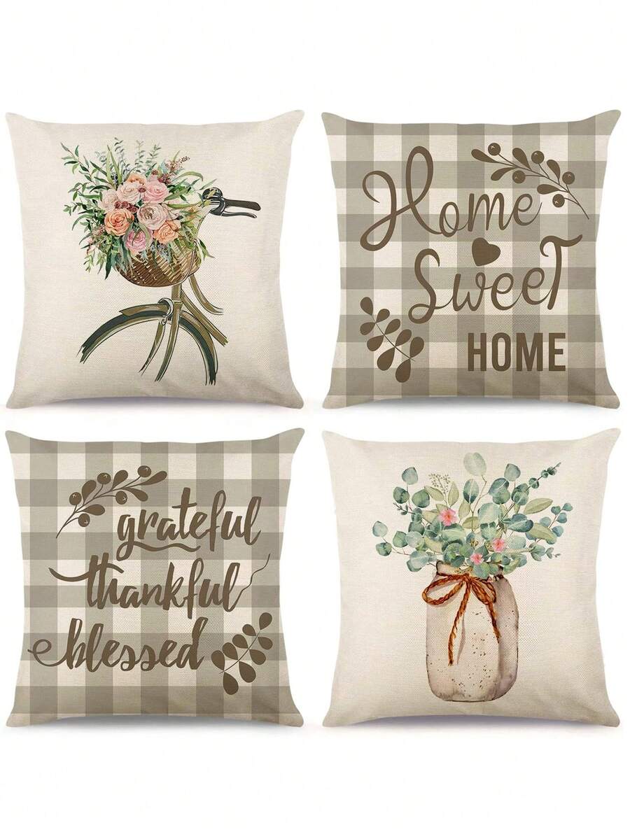 4入組棉麻軟墊套,新鮮自然花卉和腳踏車印花,柔軟透氣材質,非常適合家居和戶外裝飾 - 彩色 - 查看 1