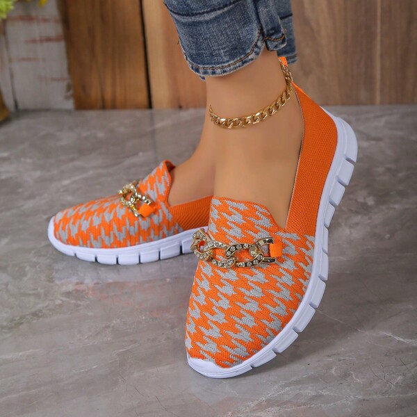 Zapatillas De Deporte Cómodas Informales Para Mujeres, Sin Cordones, De Bajo Perfil Y Tejido De Punto, Para Exteriores Y Caminar, Zapatos De Correr Transpirables De Color Naranja Claro Con Decoración De Cadena Removible