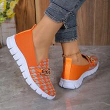 Women's Casual Knit Slip-On Low-Top Comfortable Sneakers For Outdoor & Walking, Breathable Light Orange Running Shoes With Removable Chain Decoration - Orange - View 5
