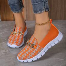 Women's Casual Knit Slip-On Low-Top Comfortable Sneakers For Outdoor & Walking, Breathable Light Orange Running Shoes With Removable Chain Decoration - Orange - View 4