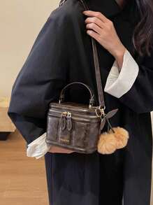 Túi xách vuông mini thời trang bằng da Pu màu nâu cà phê cổ điển (có mặt dây chuyền hình quả anh đào), túi xách lấy cảm hứng từ phong cách retro dành cho phụ nữ - Cà phê nâu - Xem 3