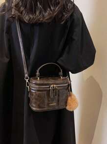 Túi xách vuông mini thời trang bằng da Pu màu nâu cà phê cổ điển (có mặt dây chuyền hình quả anh đào), túi xách lấy cảm hứng từ phong cách retro dành cho phụ nữ - Cà phê nâu - Xem 4