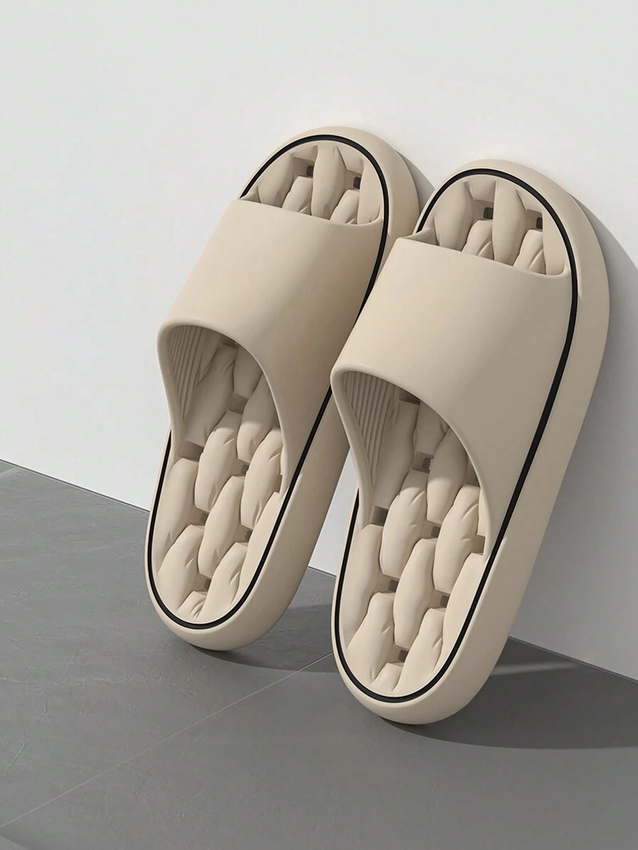 女式簡約風厚底拖鞋,男士浴室淋浴防漏防滑耐磨平底拖鞋 - 卡其色 - 查看 1