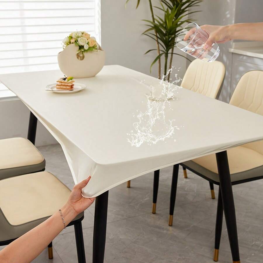 1片桌布,長方形彈性桌布套,防水防油桌布,聚酯彈性材料pu皮革,耐用且易於清潔的桌布,適用於餐飲、派對和室外花園 - 白色 - 查看 1