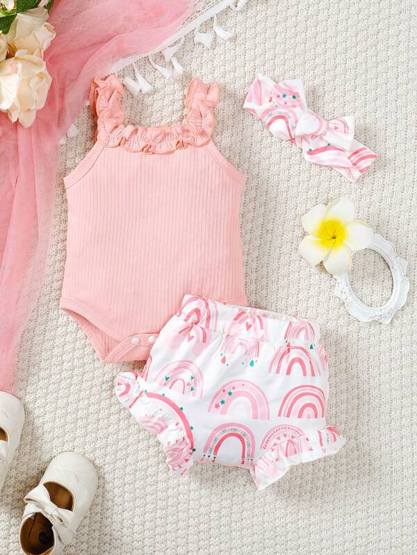Barboteuse D'été Pour Bébé Fille Avec Bordure À Volants, Short Imprimé Arc-en-ciel Et Bandeau Assorti