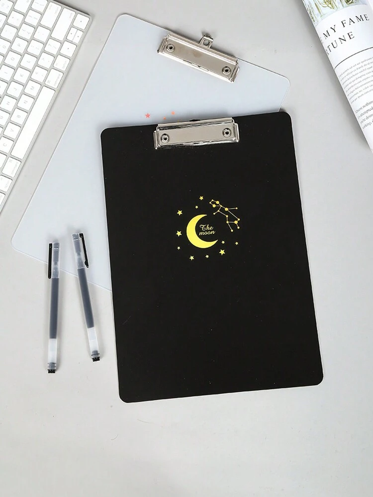 1 Pieza Carpeta De Archivo A4 Semitransparente De Platico Pp Con Diseño Creativo De Patrón Lunar Y Bloc De Notas Para Estudiantes - Negro - Añade 11