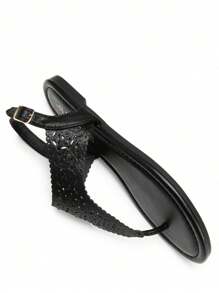 Women Rhinestone Gladiator T-Strap Thong Sandals Casual Wear Cute Flat Sandals Adjustable Buckle Beach Dress Summer Shoes - 全黑-Pu - 查看 2