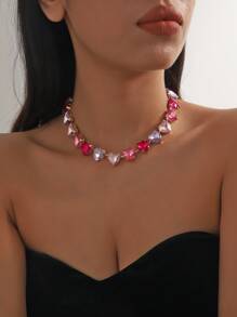 1 Peça Colar Estilo Coração com Gota de Água Multicolorida de Strass para Mulheres (Cor Aleatória), Namorados, Mãe, Dia das Mães, Presente - Multicolorido - Visão 4