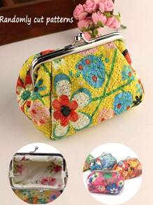 Floral Pattern Coin Purse, Women's Stylish Kiss Lock Storage Bag For Lipstick & Key Flower Coin Purse Embroidered Cloth Makeup Pouch Holder Vintage Makeup Organizer Pouch With Kiss Lock (Yellow) - View 2