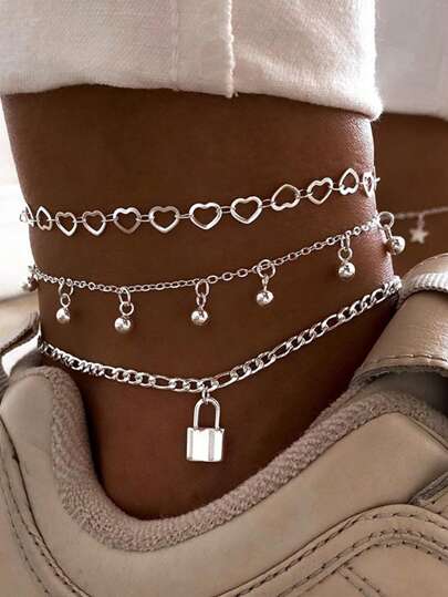 3pcs Heart Padlock Pendant Chain Anklet Set, Vintage Style Exquisite Women's Anklet Set