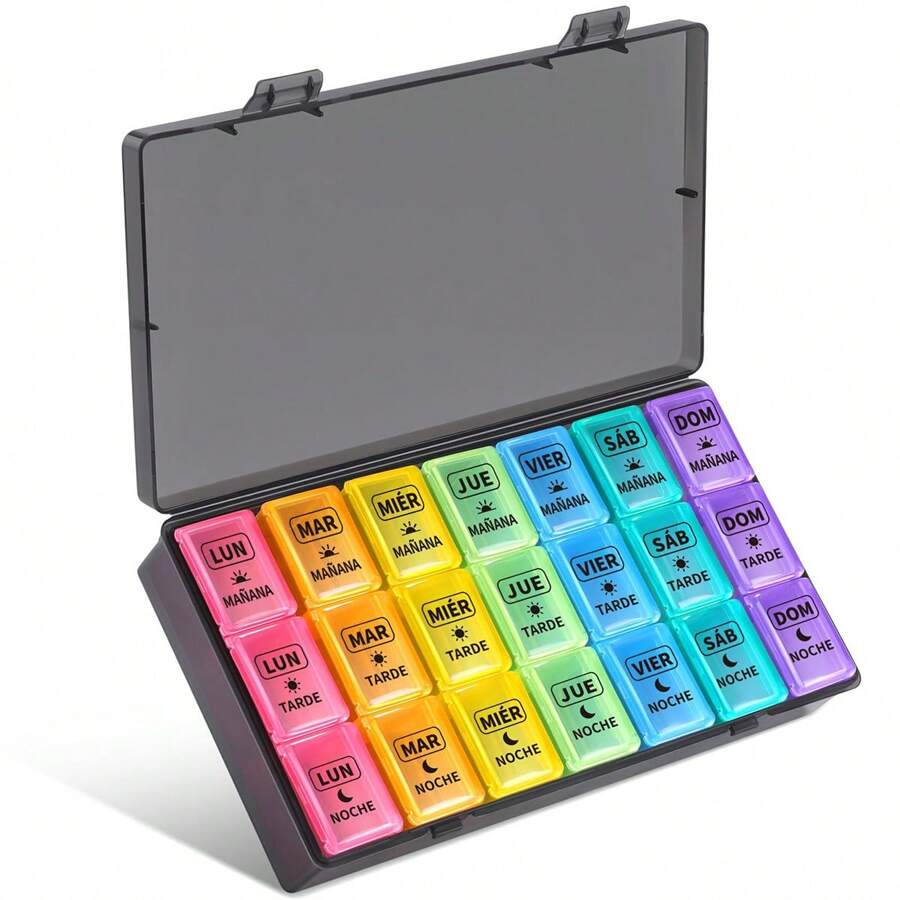 Pastillero Semanal 3 Tomas Español, Pastilleros para Medicamentos de Viaje, Organizador de Pastillas Portatil y Grande con 21 Compartimentos - Multicolor - Ver 1