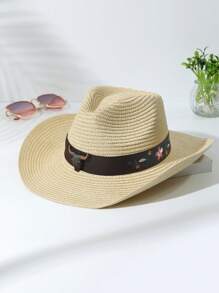 1pc Unisex Cattle Head & Belt Decor Boho Cowgirl Hat Cowboy Hat Visor Straw Hat Beach Hat For Outdoor - Multicolor 3 - View 5