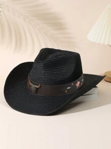 1pc Unisex Cattle Head & Belt Decor Boho Cowgirl Hat Cowboy Hat Visor Straw Hat Beach Hat For Outdoor - Multicolor 3 - View 6
