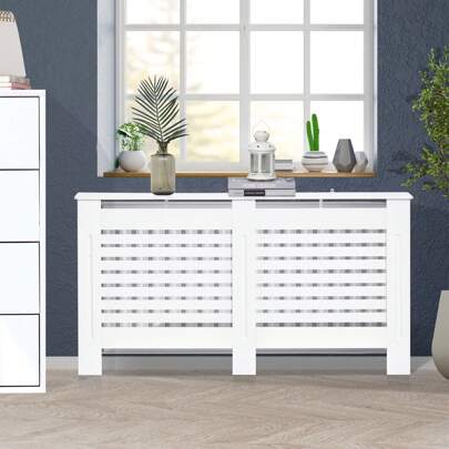 HOMCOM Radiator Cover, Modern MDF White Painted Cabinet With Horizontal Slats For Living Room, Bedroom, 152L X 19W X 81H Cm